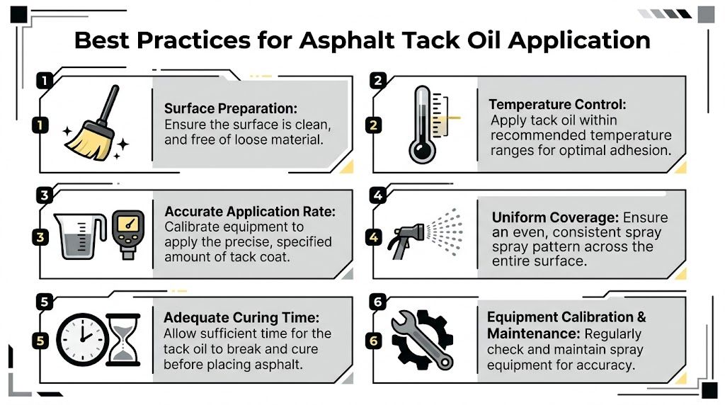 An infographic detailing six best practices for the proper application of asphalt tack oil on surfaces.
