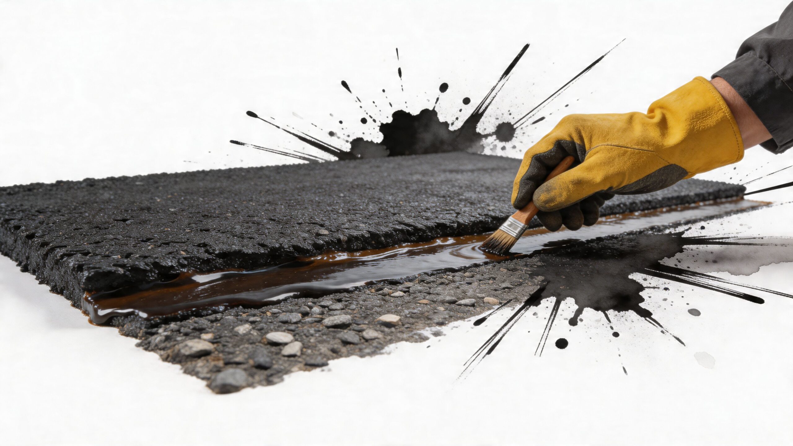 A gloved hand uses a brush to apply asphalt tack oil to a road surface repair area.
