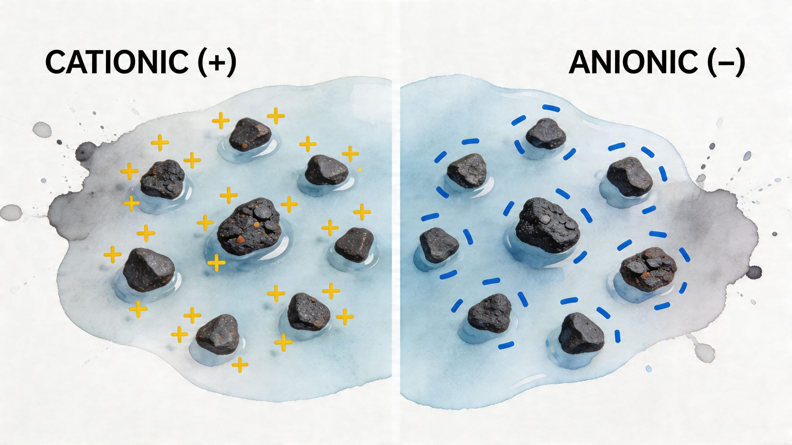 A diagram illustrating the difference between cationic and anionic asphalt tack oil particles in water.