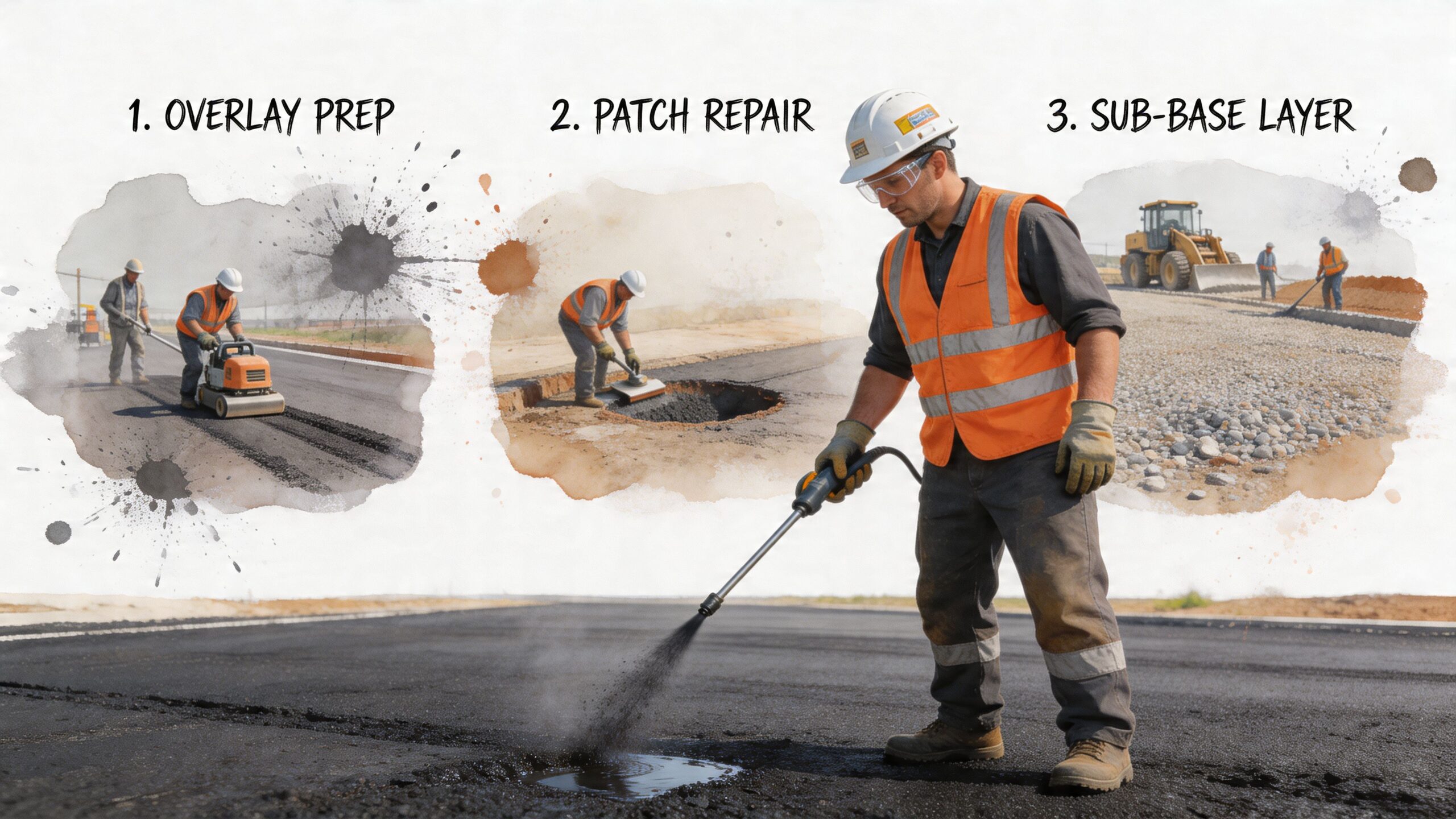 Construction workers performing road repairs, including surface preparation, patching potholes, and laying down new sub-base material.