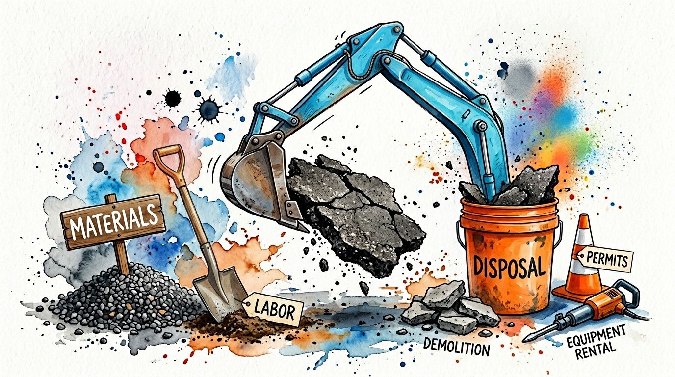 An artistic representation of construction costs, featuring an excavator, shovel, materials, and demolition debris.