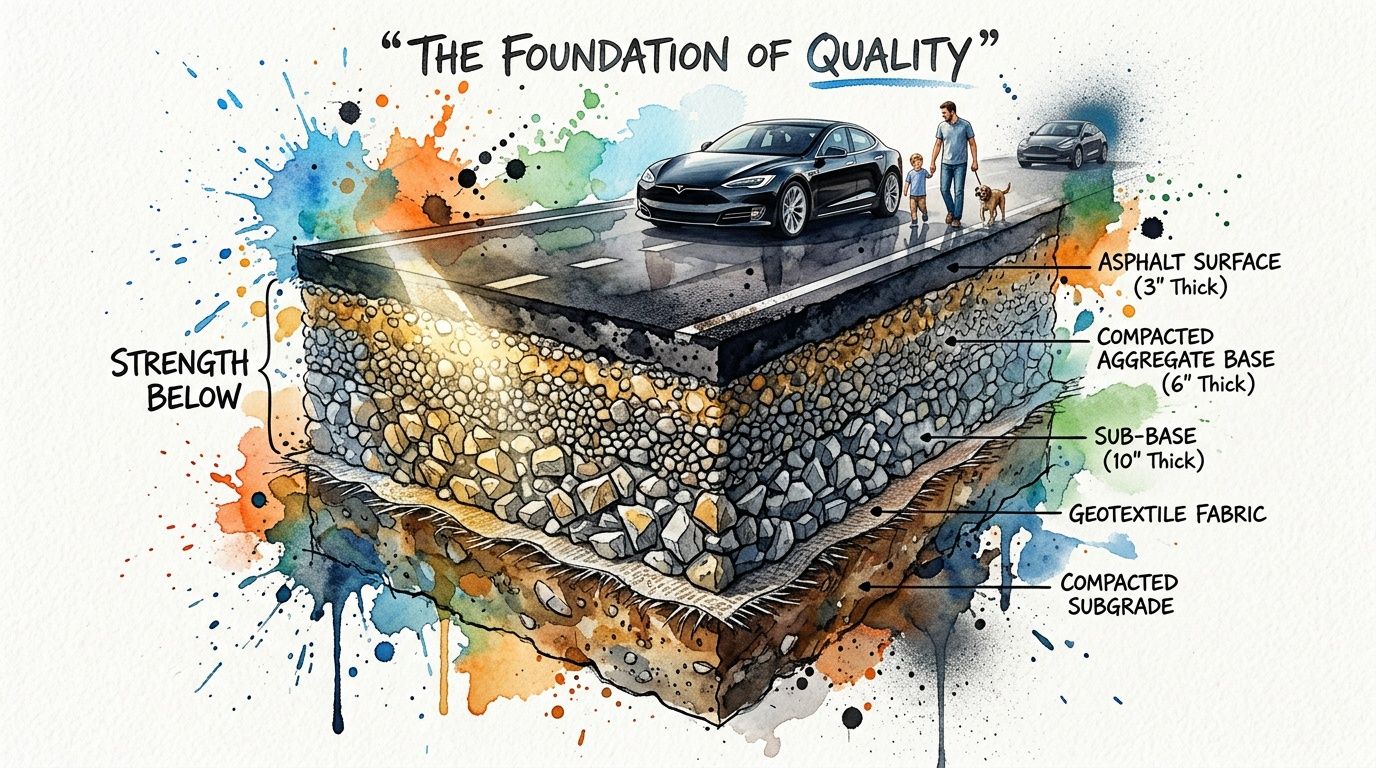 A cross-section illustration showing the layers of an asphalt driveway and the strength provided below.