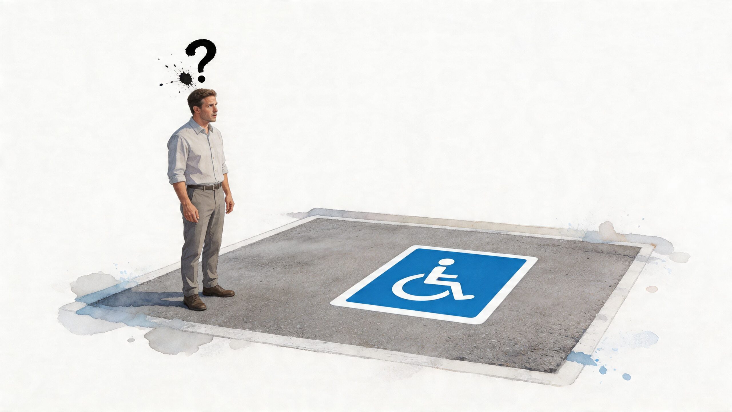 A man stands thoughtfully near a handicap parking space symbol painted on an asphalt ground surface.