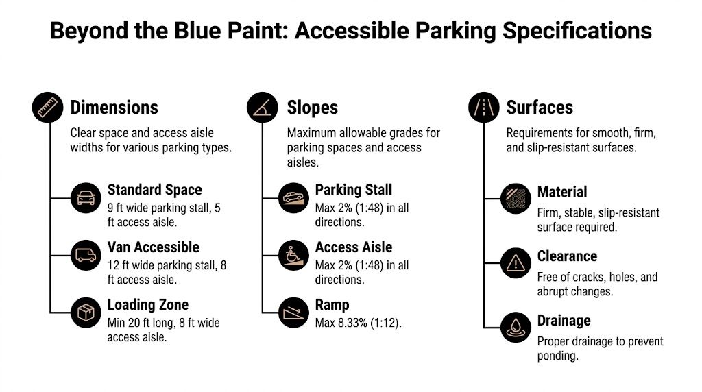 An infographic detailing the regulatory specifications for accessible parking dimensions, slopes, and surface requirements for compliance.
