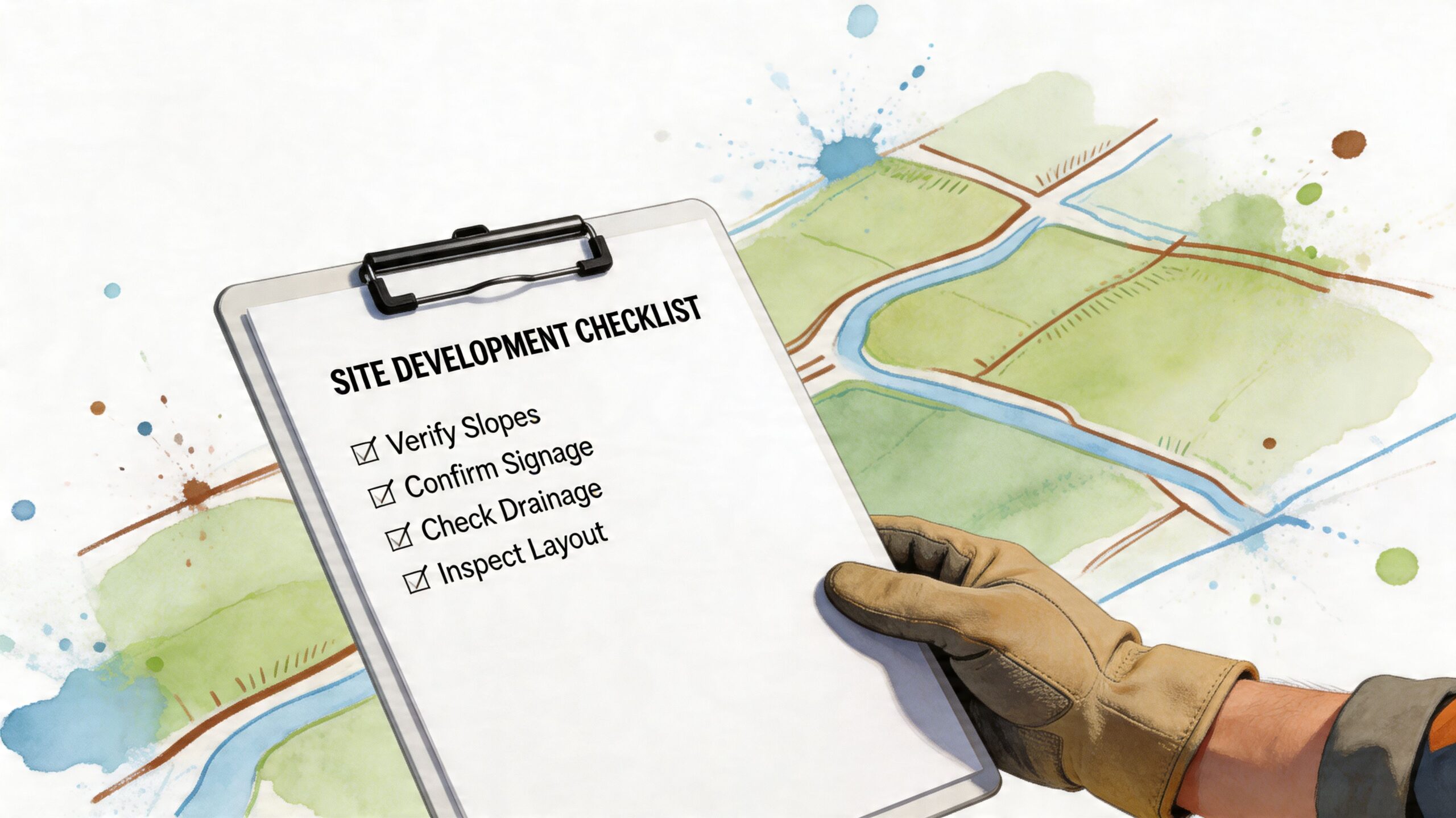 A gloved hand holds a clipboard with a site development checklist over a construction site map.