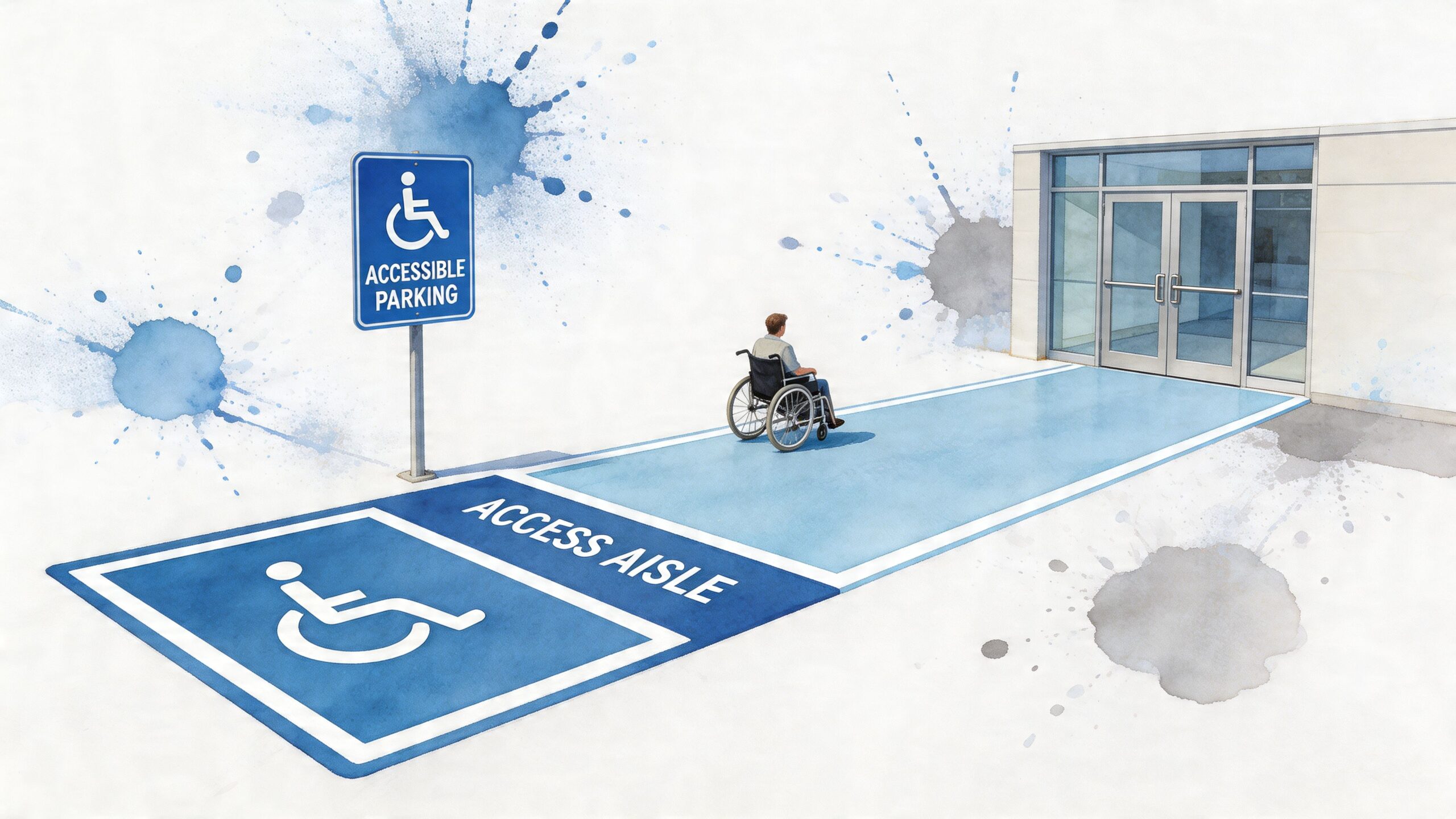 A person in a wheelchair travels along a blue marked access aisle toward an accessible building entrance.