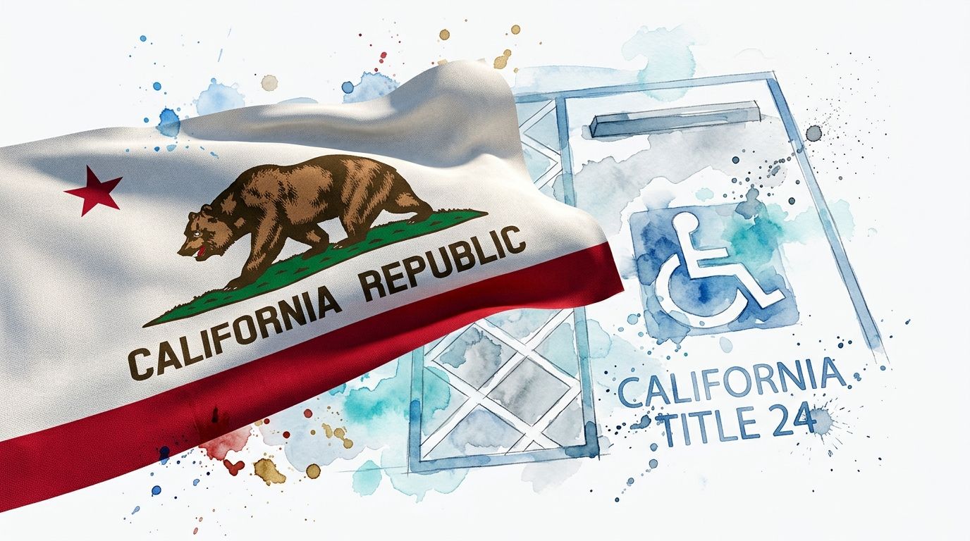 A representation of California state flag alongside a watercolor blueprint indicating handicap parking accessibility standards.
