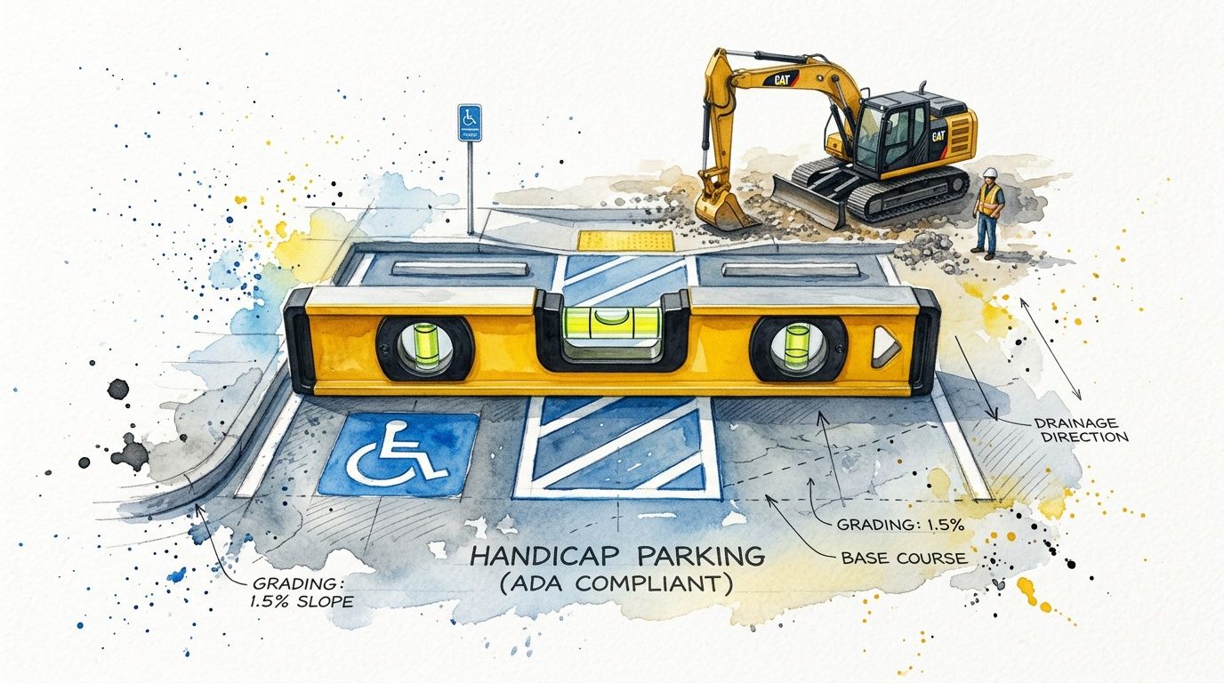 A watercolor illustration of a construction site showing the grading process for ADA compliant handicap parking spaces.