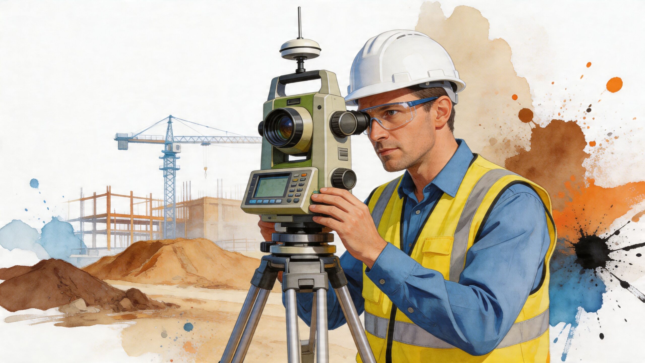 A professional construction surveyor using a theodolite instrument on a tripod at a building site.