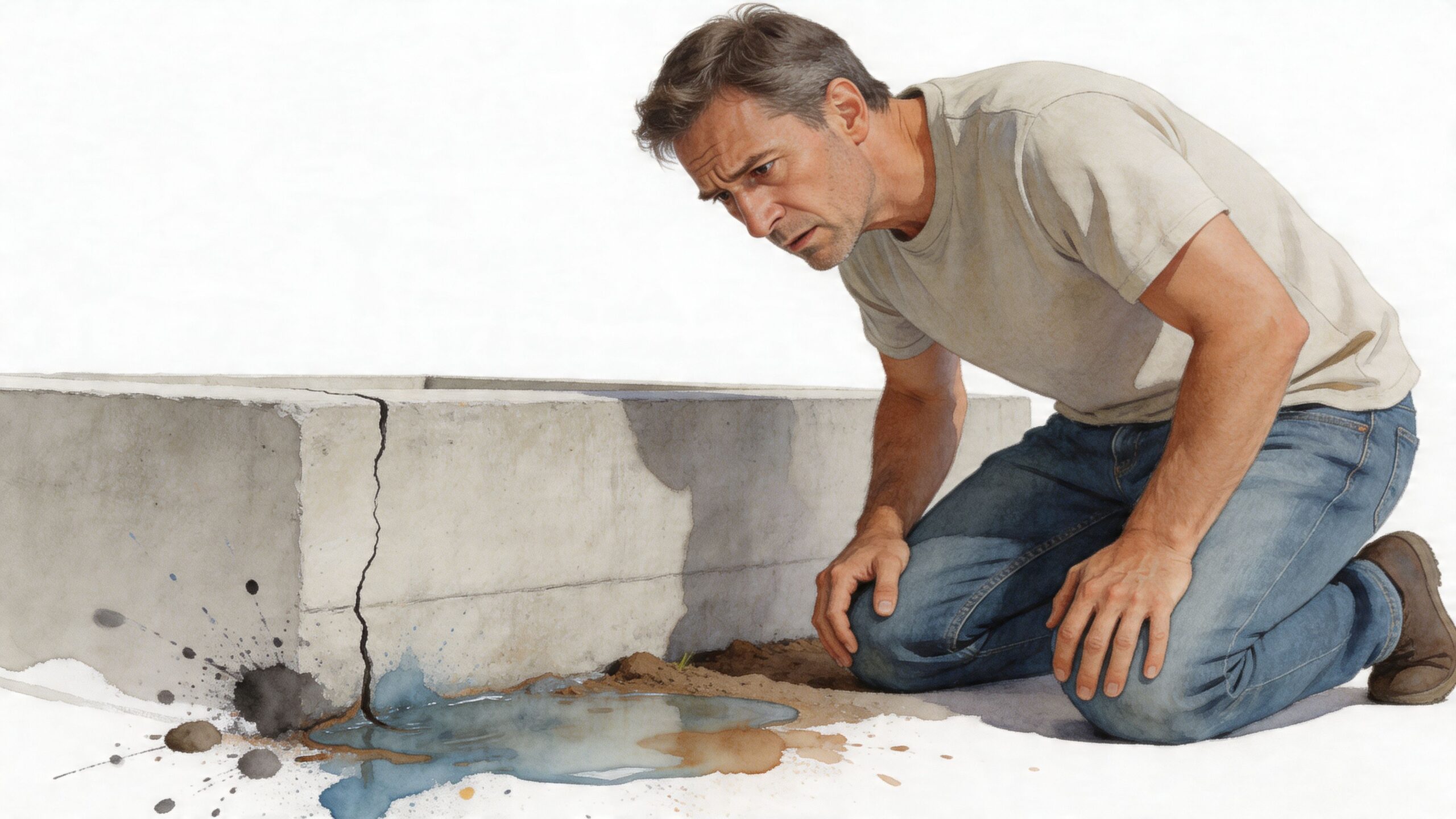 A concerned man kneels on the ground, carefully inspecting a significant crack in a concrete foundation.