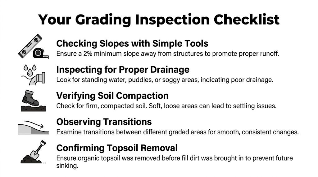 A checklist illustrating five key steps for inspecting proper land grading and drainage around building structures.