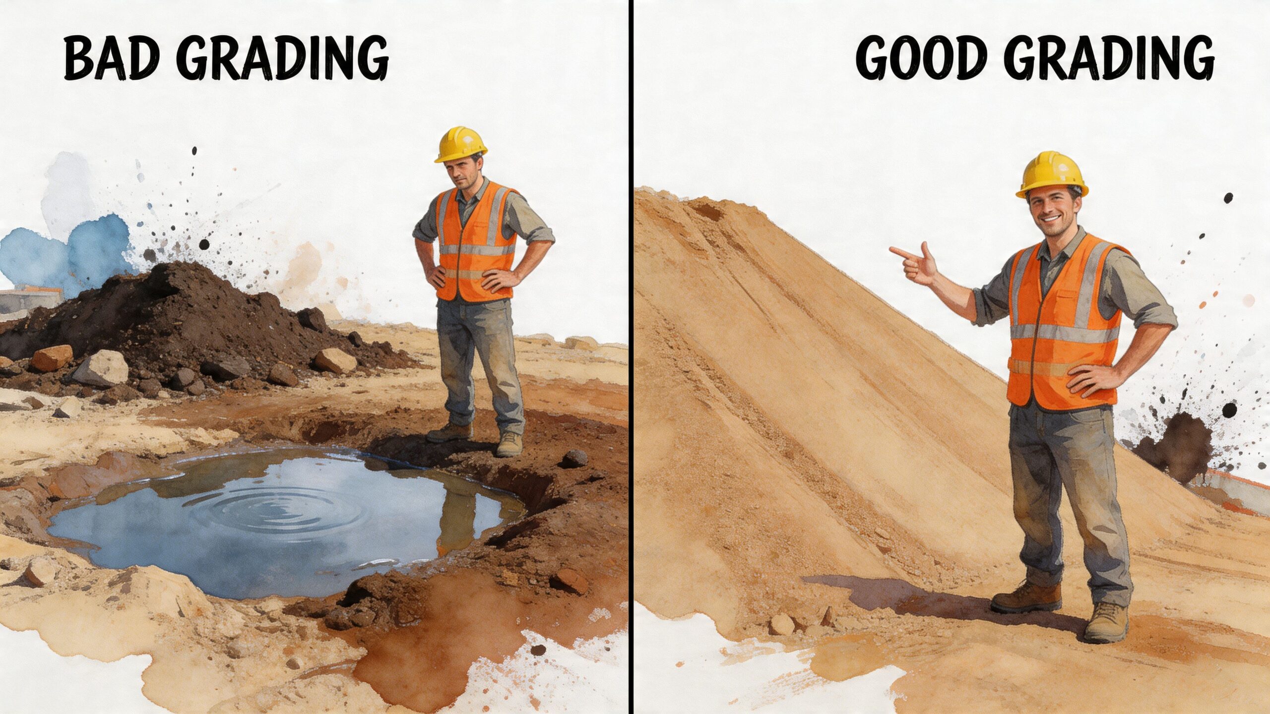 A split image contrasting poor site grading with standing water and proper site grading with leveled terrain.