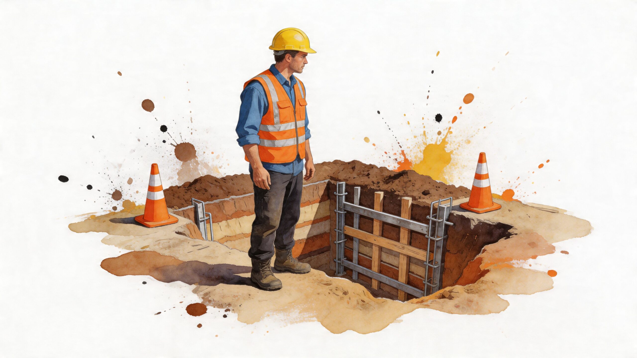 A construction worker in a safety vest and hard hat standing near an excavated trench for piping.