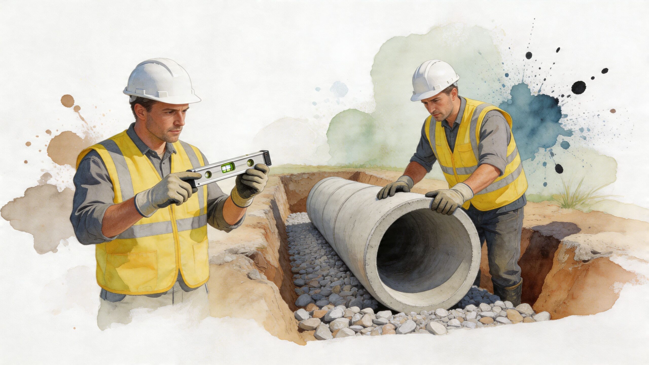 Two construction workers in safety gear installing concrete sewer pipes in a trench at a construction site.