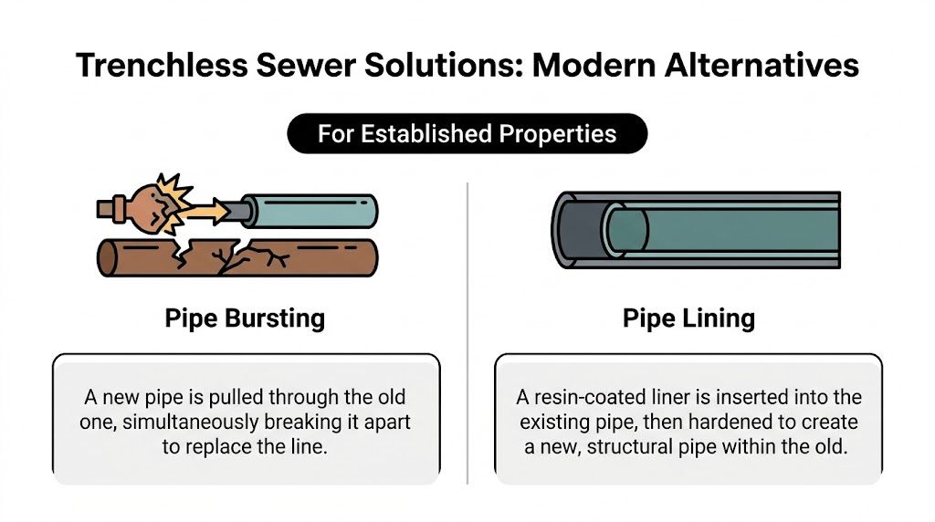 A diagram comparing trenchless sewer repair methods of pipe bursting and pipe lining for established properties.
