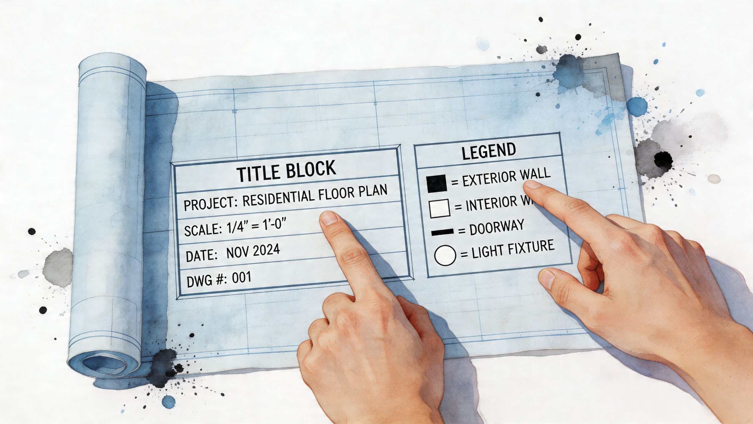 A person points to the title block and legend of a residential floor plan blueprint drawing.