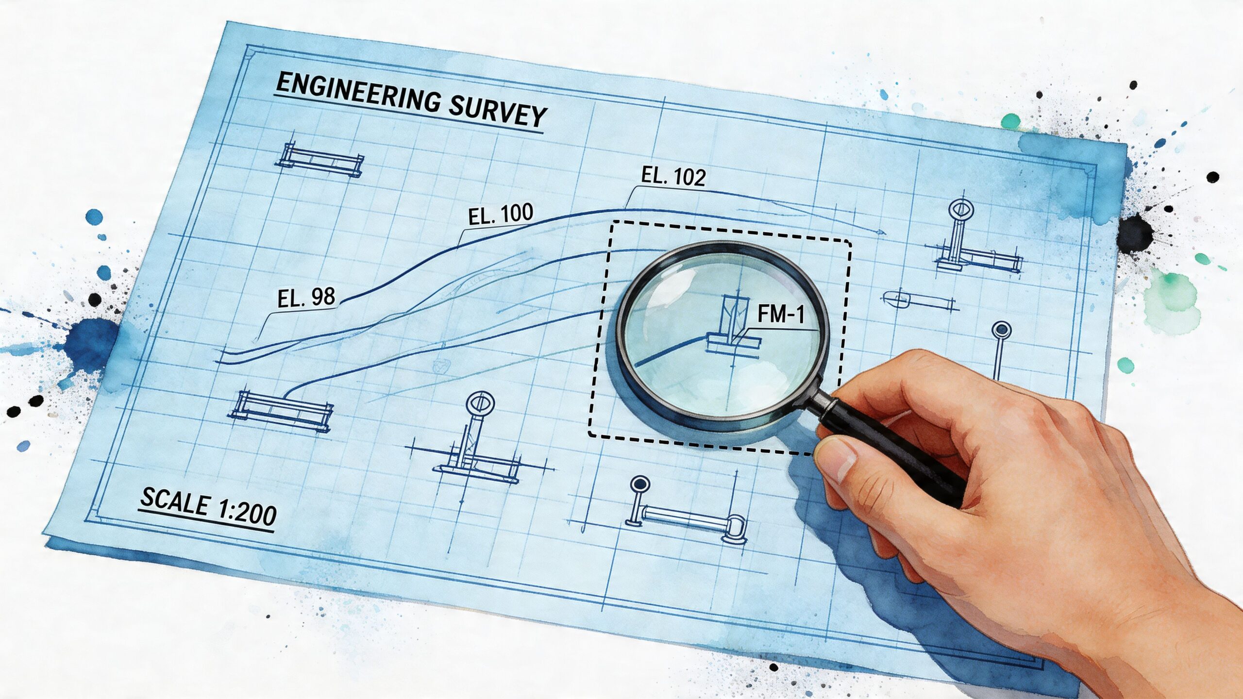 A human hand holding a magnifying glass over an engineering survey blueprint on a desk.