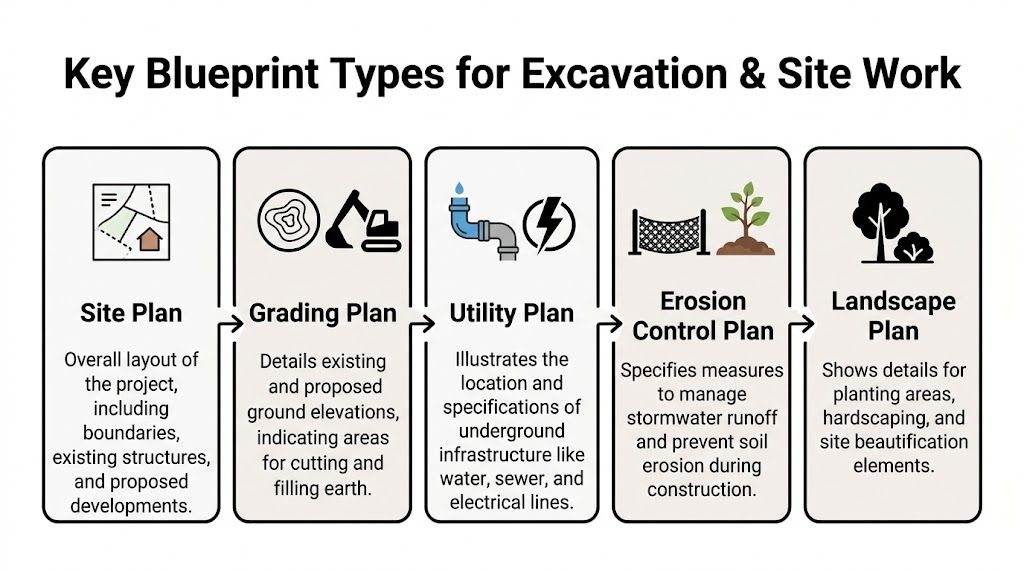 A diagram outlining five key types of construction blueprints for excavation and site work projects.