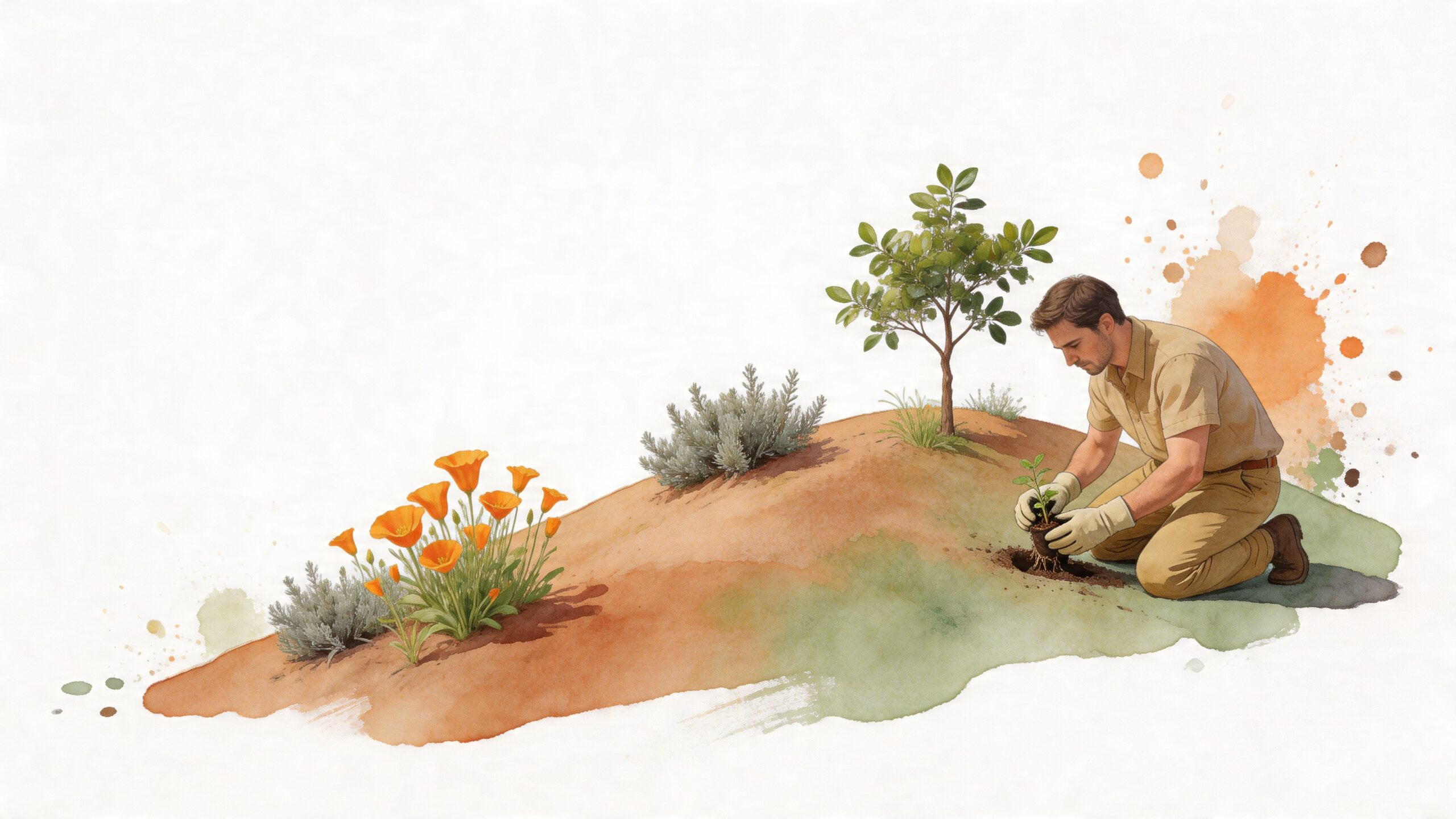 A man in work clothes plants a small shrub into the soil on a grassy hillside.