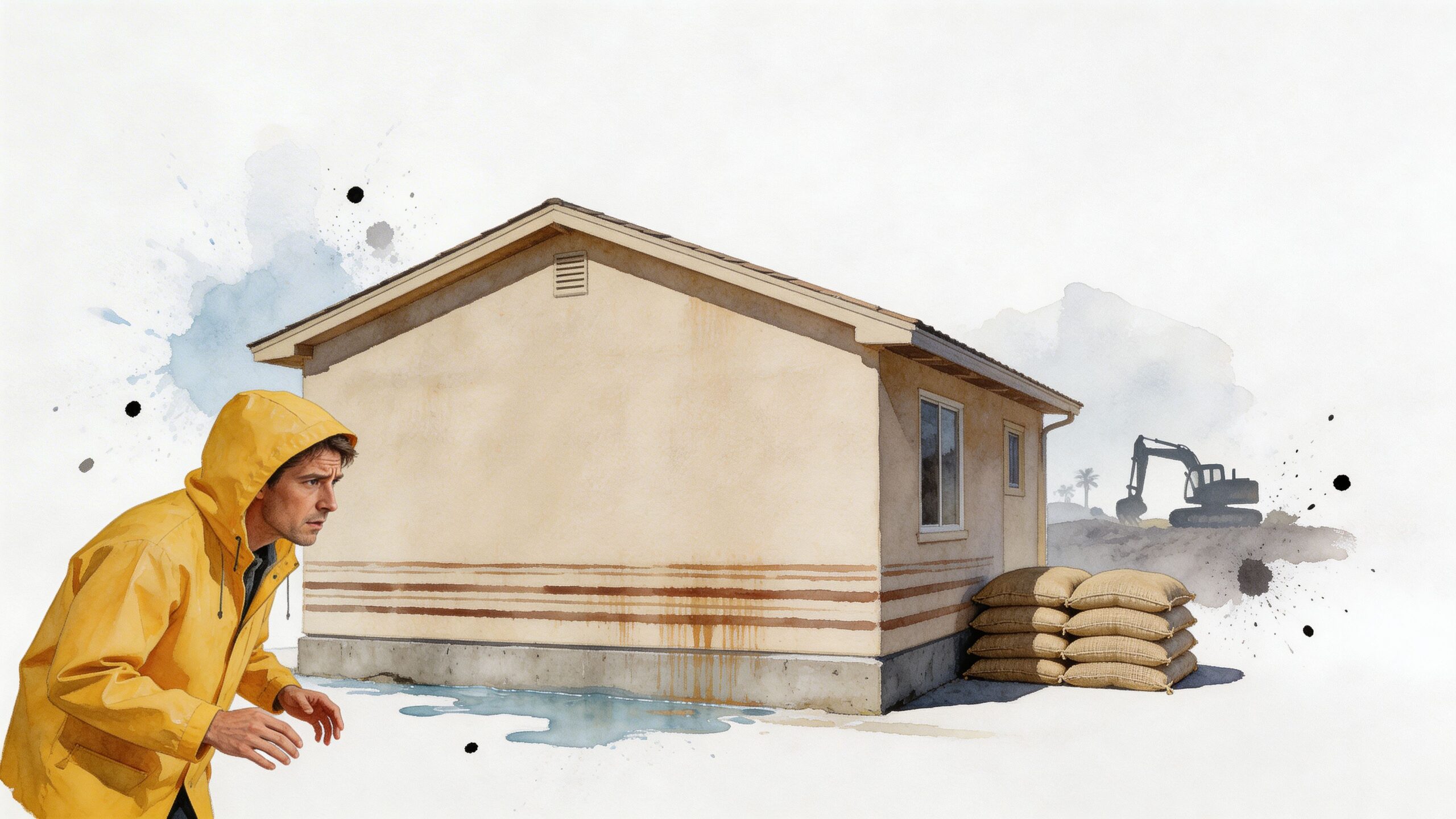 A person in a yellow raincoat stands near a house protected by sandbags during a storm.