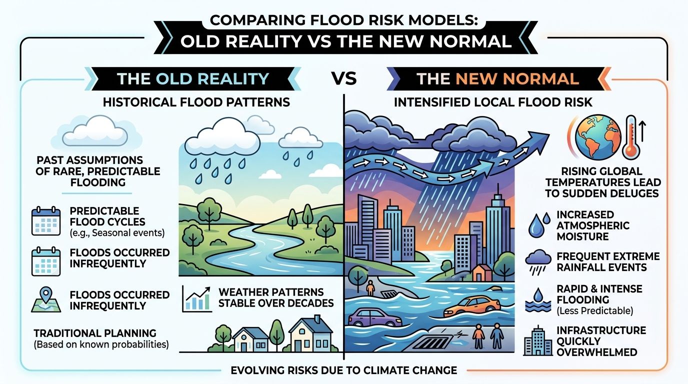 A comparison infographic showing the shift from predictable historical flood patterns to new, intense local flood risks.