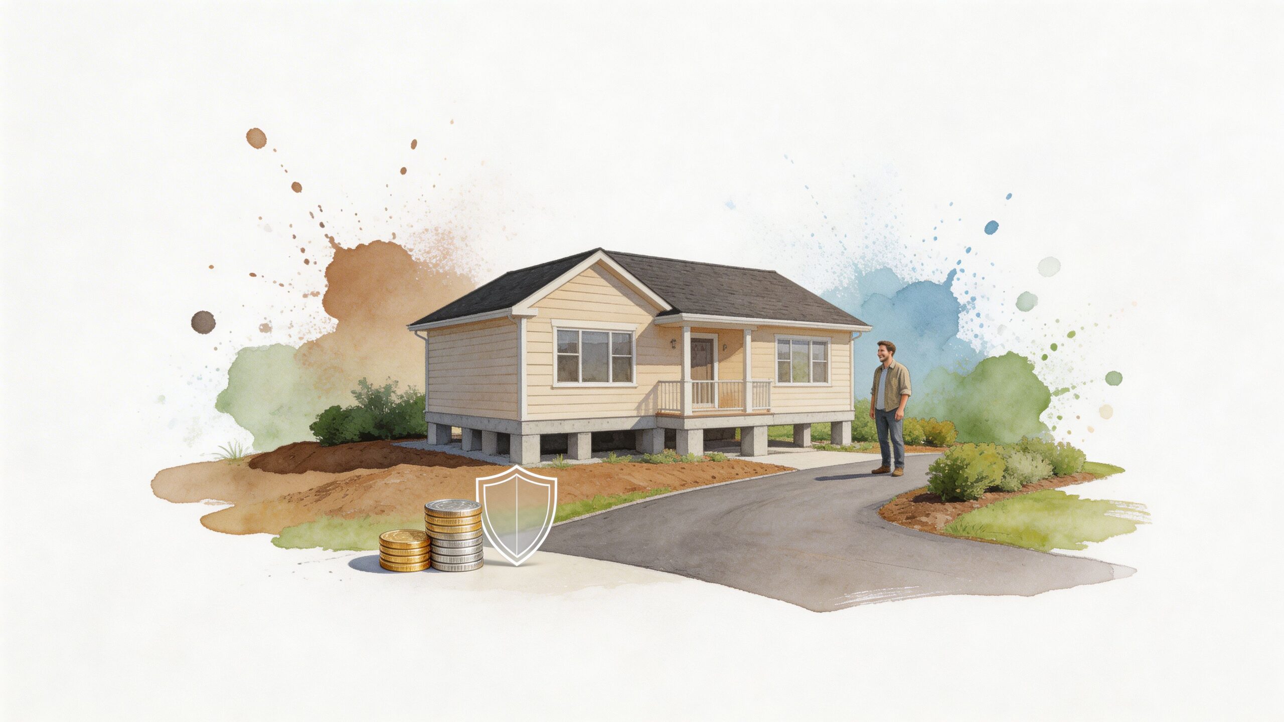 A house on a raised foundation with a man standing nearby and a stack of coins and shield icon.
