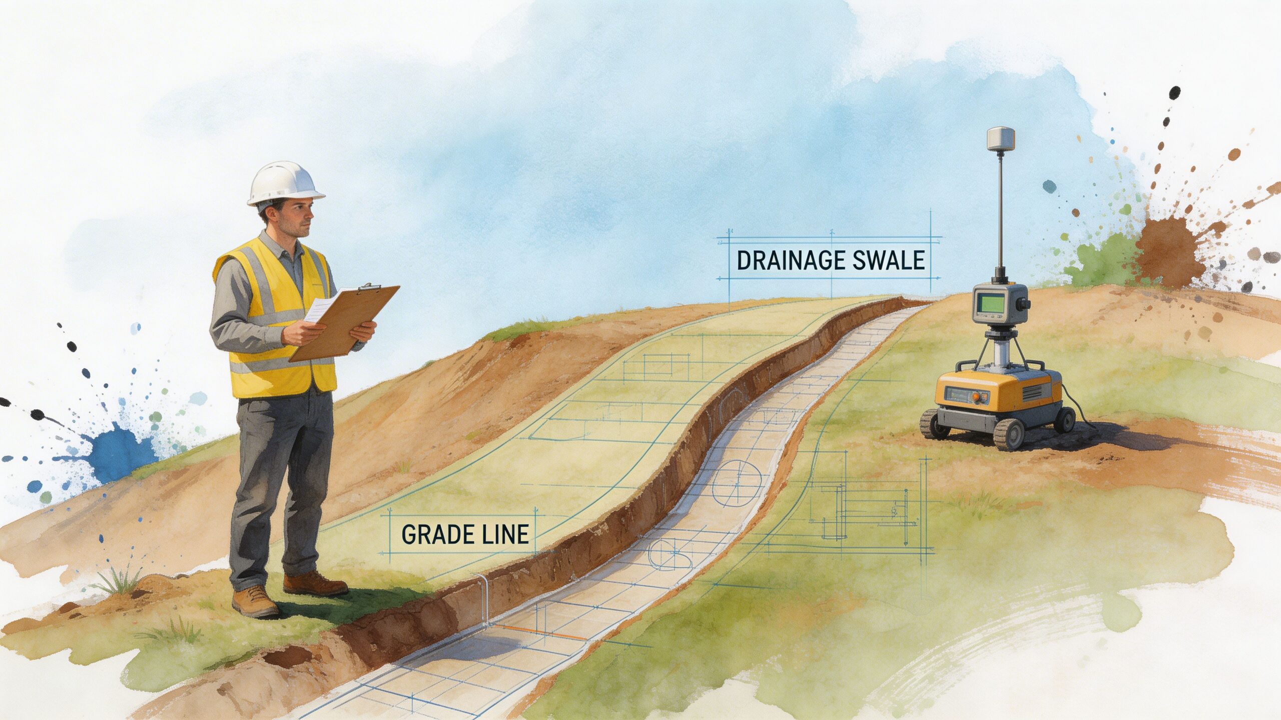 A construction inspector oversees site grading and drainage swale planning with digital survey equipment on land.