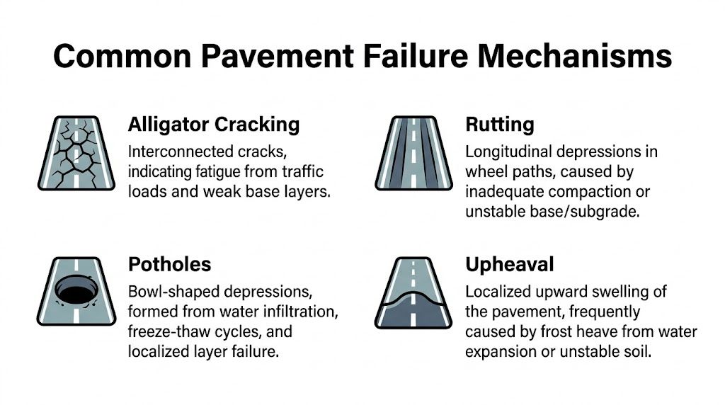 An educational graphic showing four common types of pavement failure mechanisms with brief written descriptions.