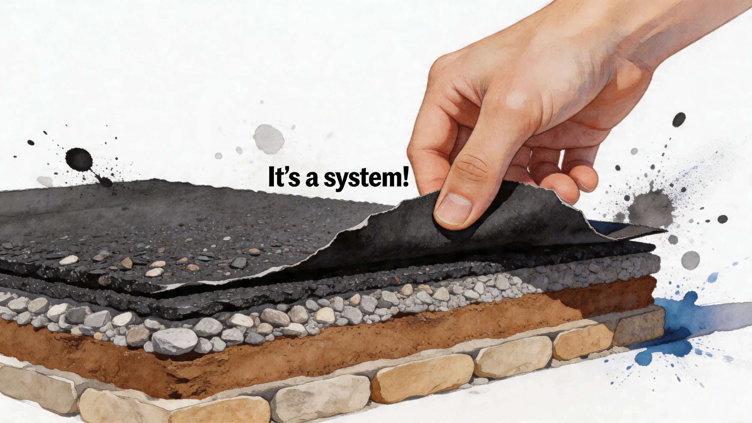 A hand peeling back layers of a layered pavement cross-section, illustrating its complex structural system design.