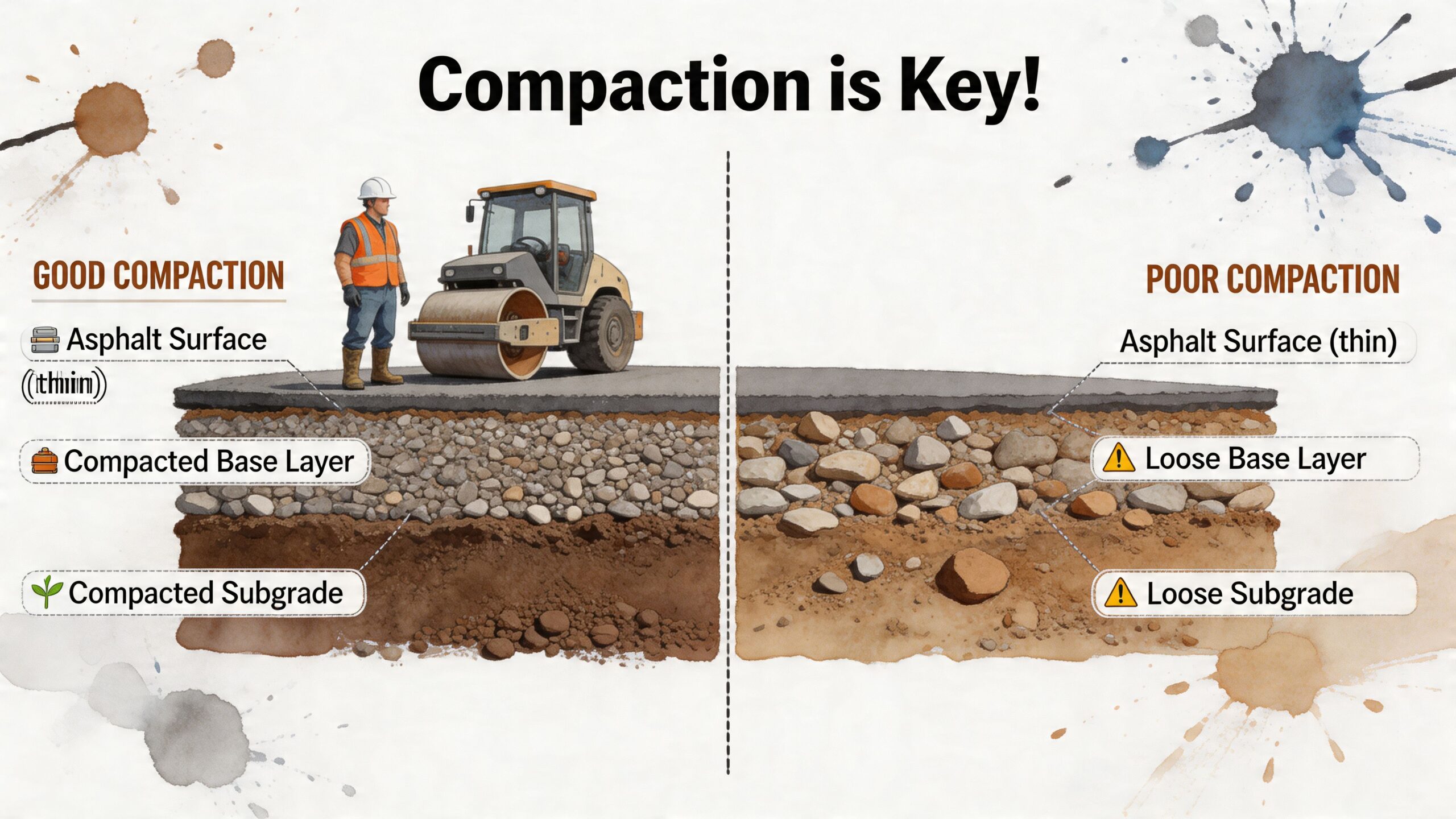 A diagram comparing proper soil compaction for a durable road surface versus poor, loose soil base layers.
