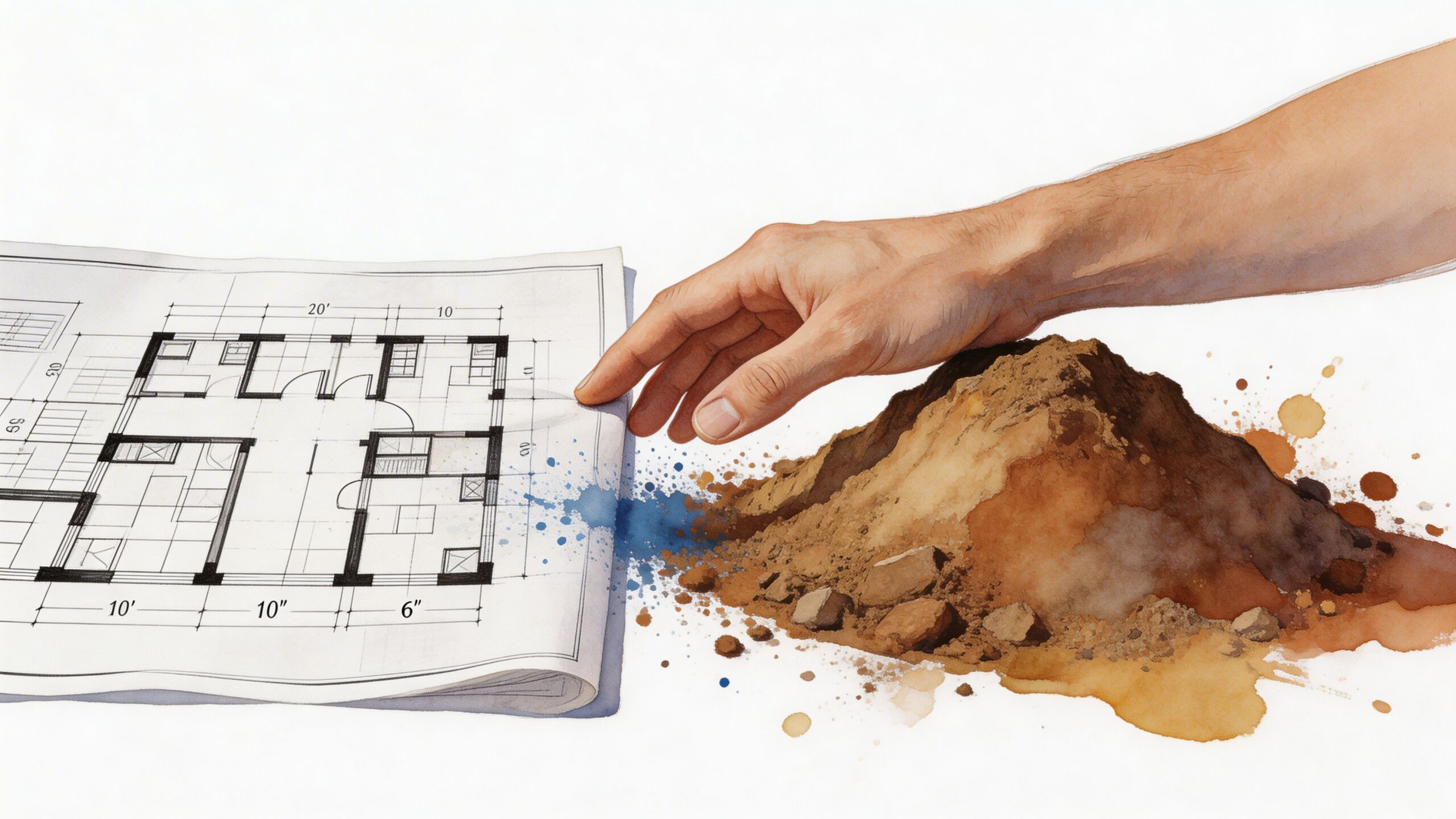 A conceptual illustration showing a human hand merging an architectural floor plan with a pile of earth.