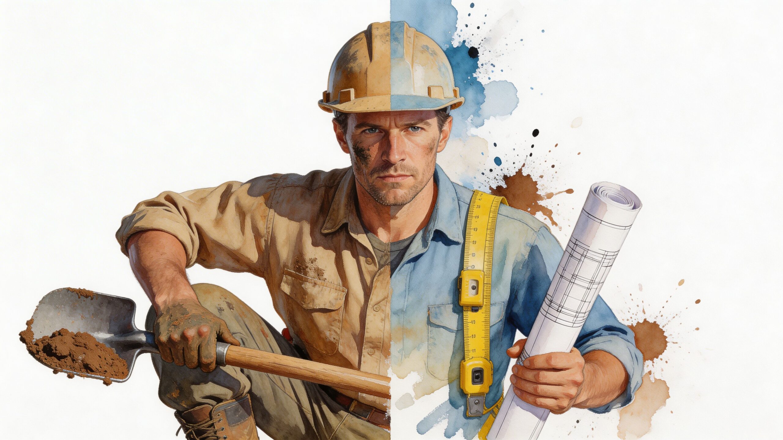A man split between a muddy excavation worker and a clean engineering contractor holding a construction blueprint.