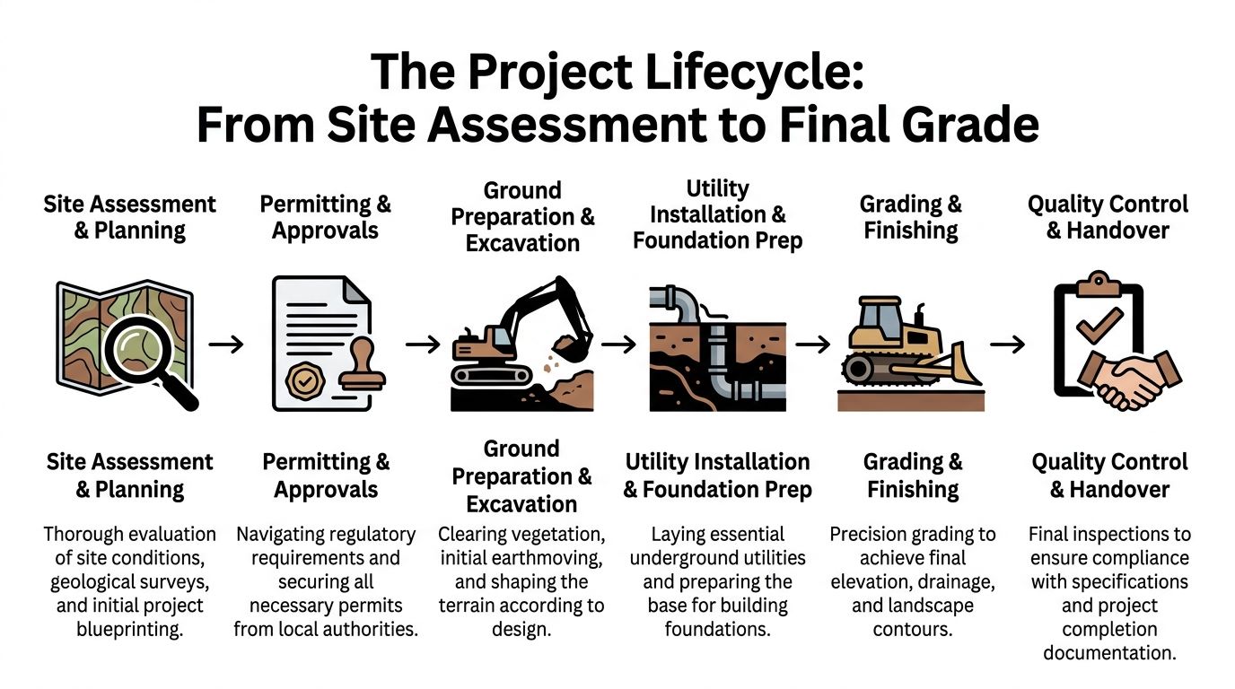 A six-step infographic illustrating the construction project lifecycle from initial site assessment to final quality control handover.