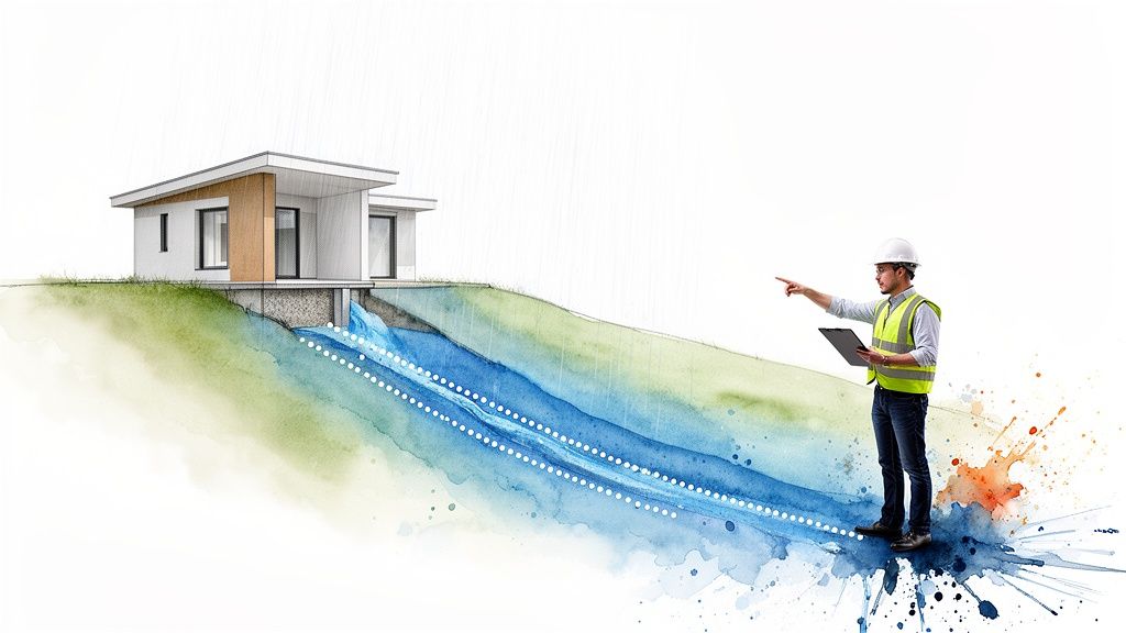 An engineer points at a house site plan illustration showing a water drainage system during rain.