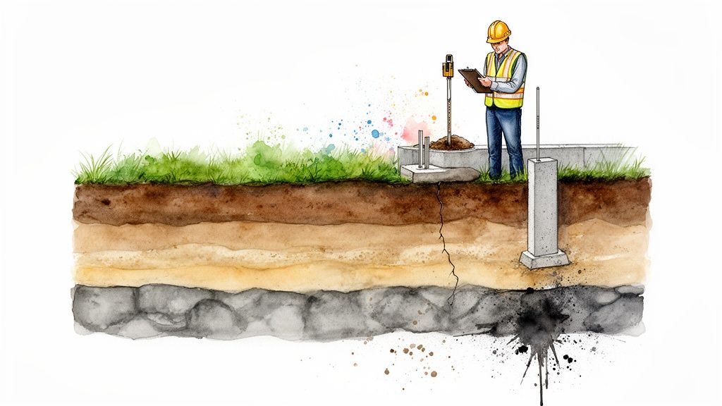 A construction engineer inspecting soil and building foundation stability with a survey tool near a crack.