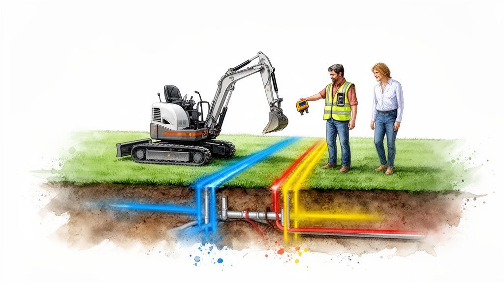 A construction worker and a woman surveying underground utility lines with a device near a small excavator.