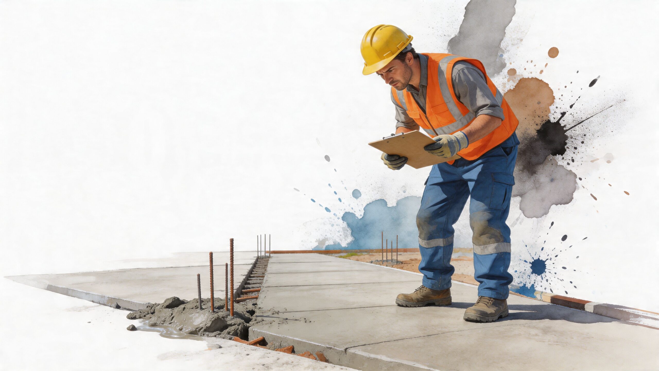 A construction site inspector in safety gear inspecting a freshly poured concrete driveway with a clipboard.