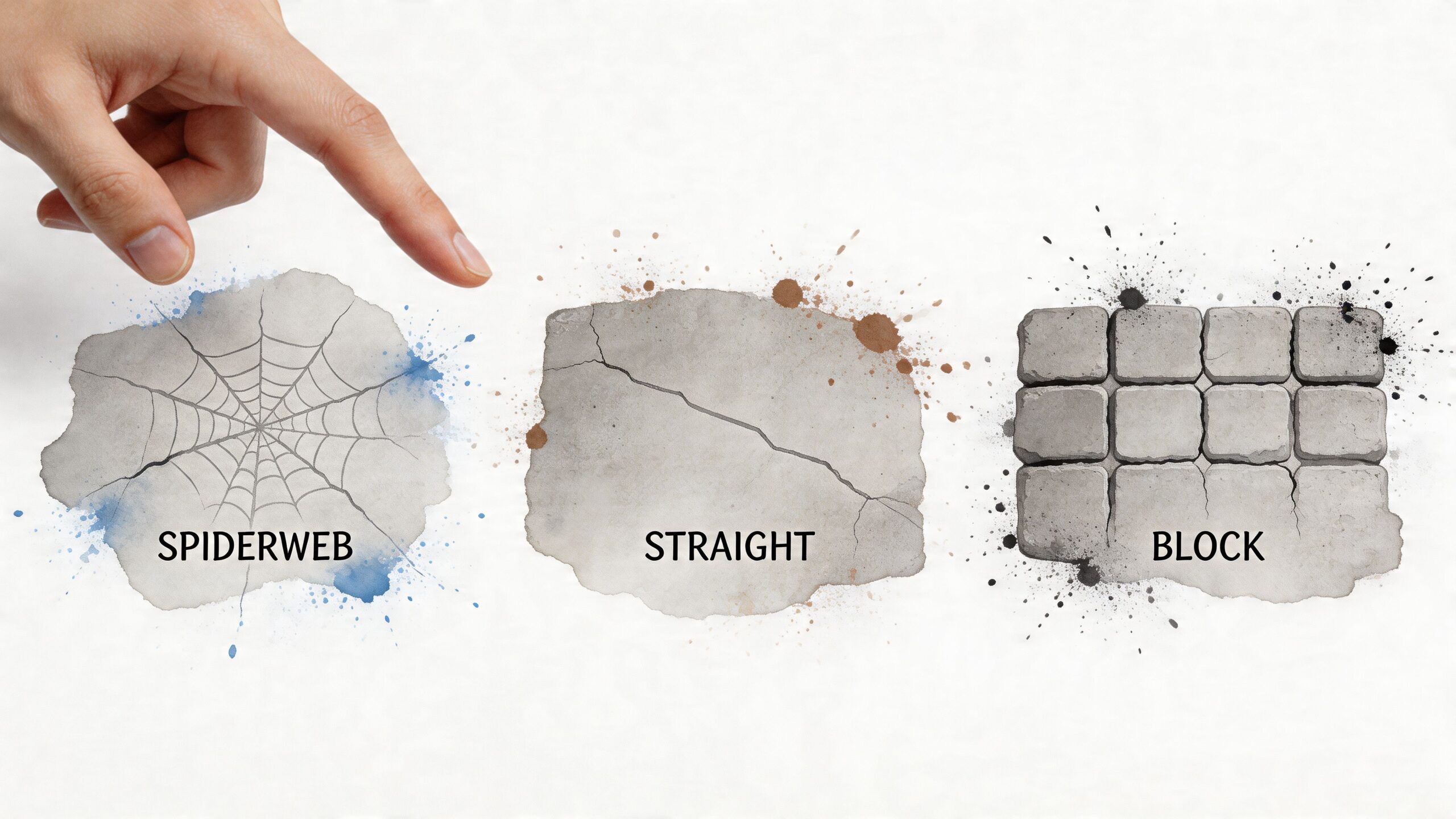 A hand pointing to three different types of cracks illustrated on a white surface: spiderweb, straight, and block.