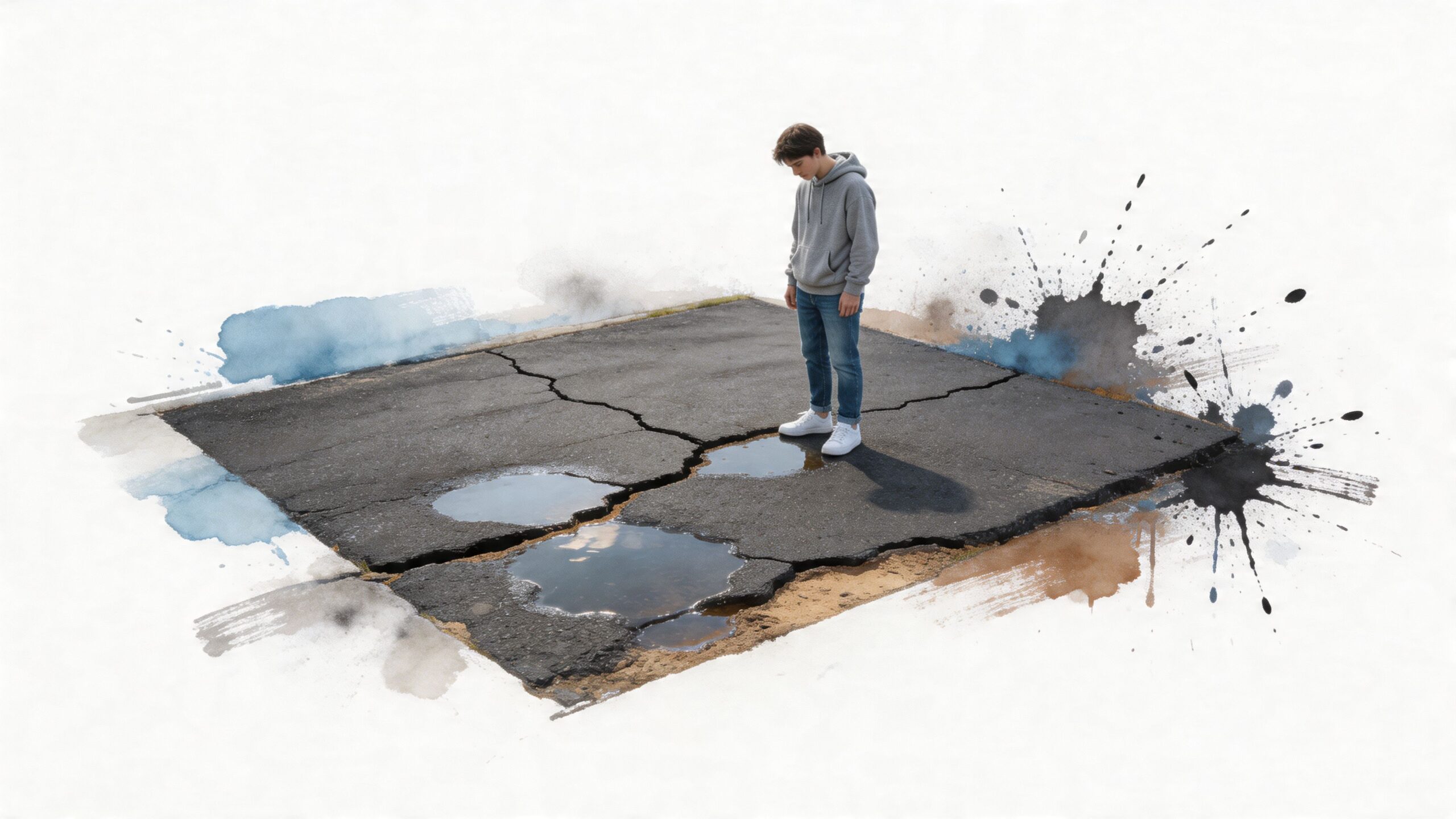 A lonely teenager stands on a small, cracked patch of asphalt pavement surrounded by artistic watercolor splatters.