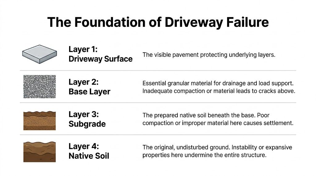 A diagram illustrating the four structural layers of a driveway that contribute to potential failure and cracking.