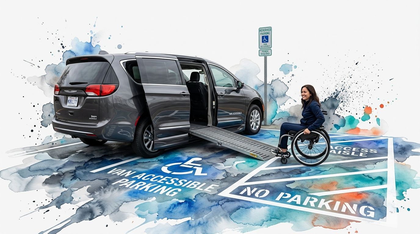 A woman in a wheelchair smiles next to a van-accessible parking space with a deployed ramp.