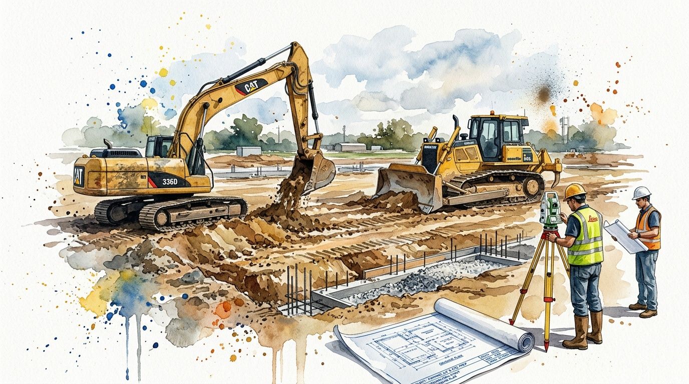 Watercolor illustration of construction site with heavy machinery, an excavator, a bulldozer, and two surveyors at work.