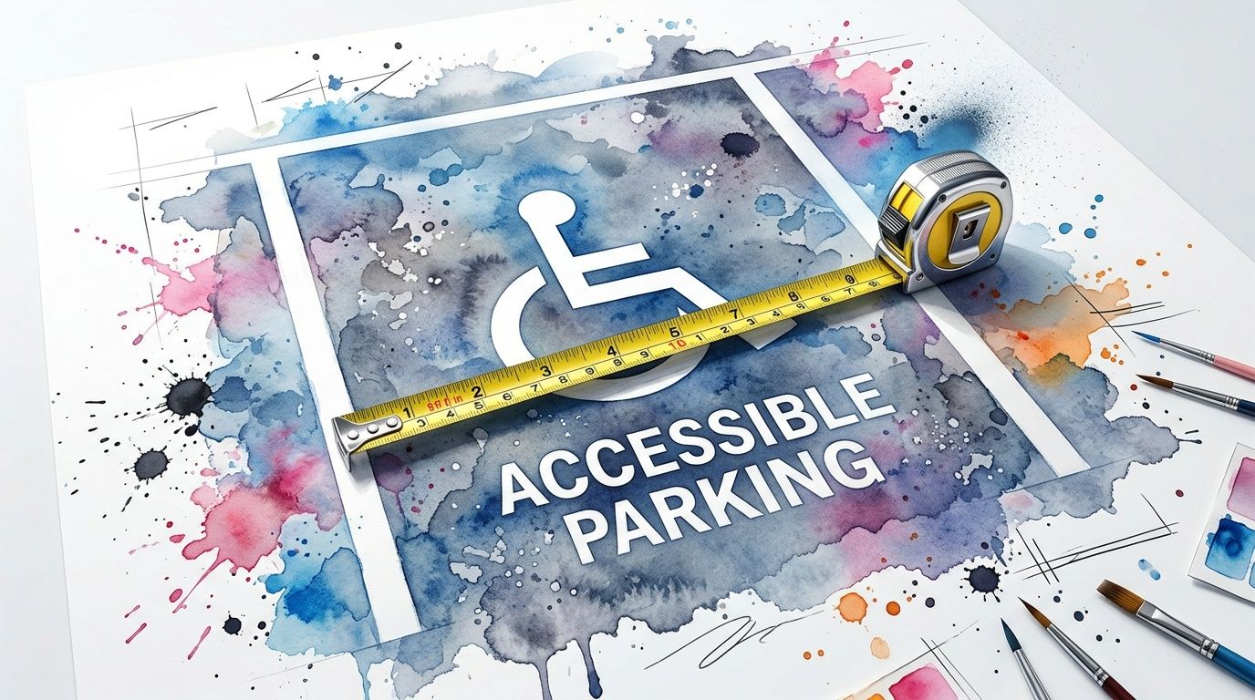 A watercolor painting of an accessible parking symbol with a tape measure placed over the design.