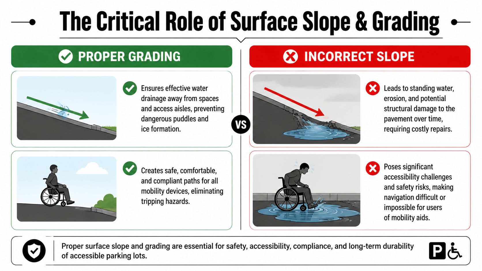 A diagram comparing proper grading with effective drainage against incorrect slope causing water accumulation and accessibility issues.