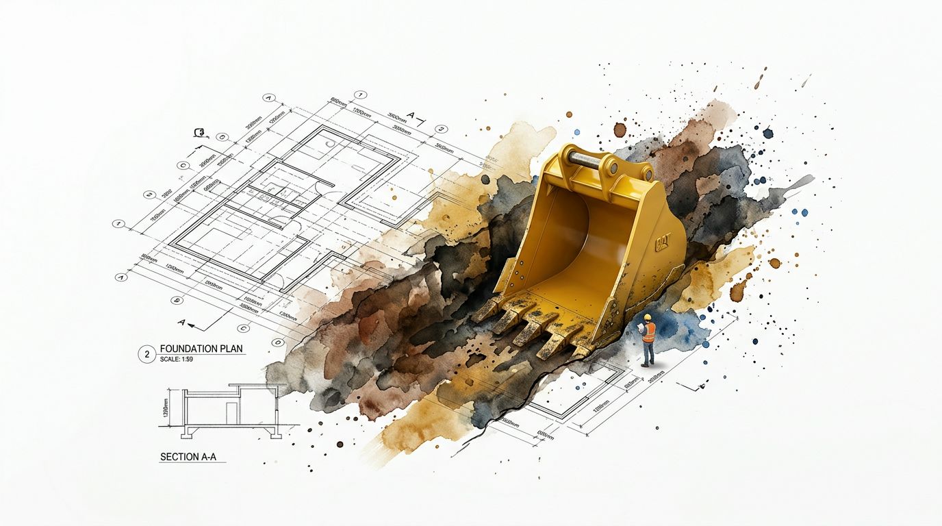 A yellow excavator bucket digging into a construction foundation plan with a worker inspecting the site.