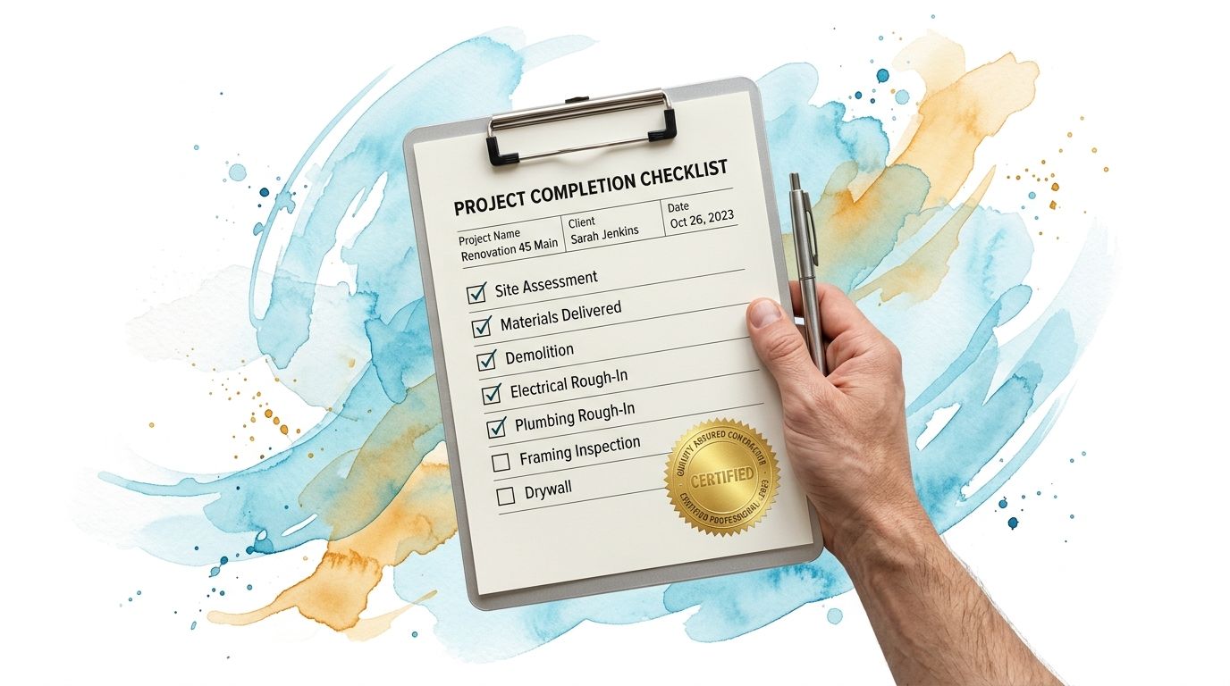 A hand holding a clipboard with a project completion checklist against a colorful watercolor painted background.