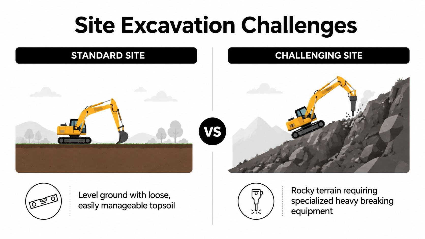 A comparison illustration showing standard flat excavation sites versus challenging rocky terrain requiring heavy machinery.