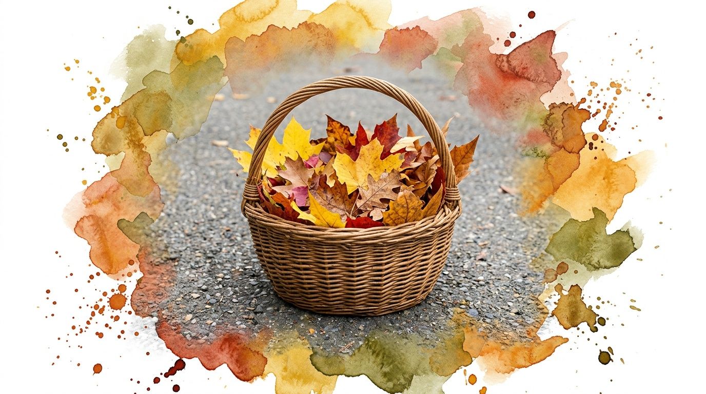 A wicker basket filled with colorful autumn maple leaves placed on a textured gray asphalt driveway.