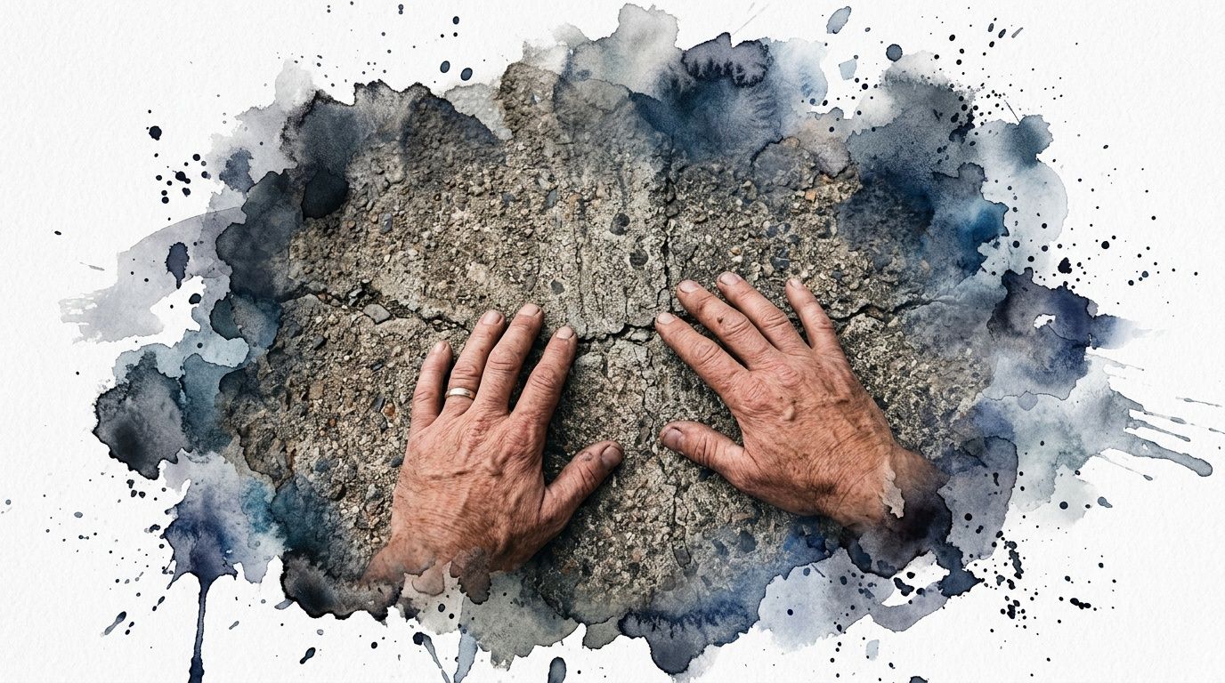 A close-up view of weathered hands resting on a cracked, damaged concrete driveway surface.