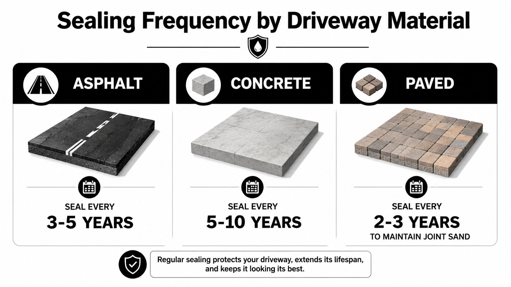 An infographic showing the recommended sealing frequency for asphalt, concrete, and paved driveways in years.